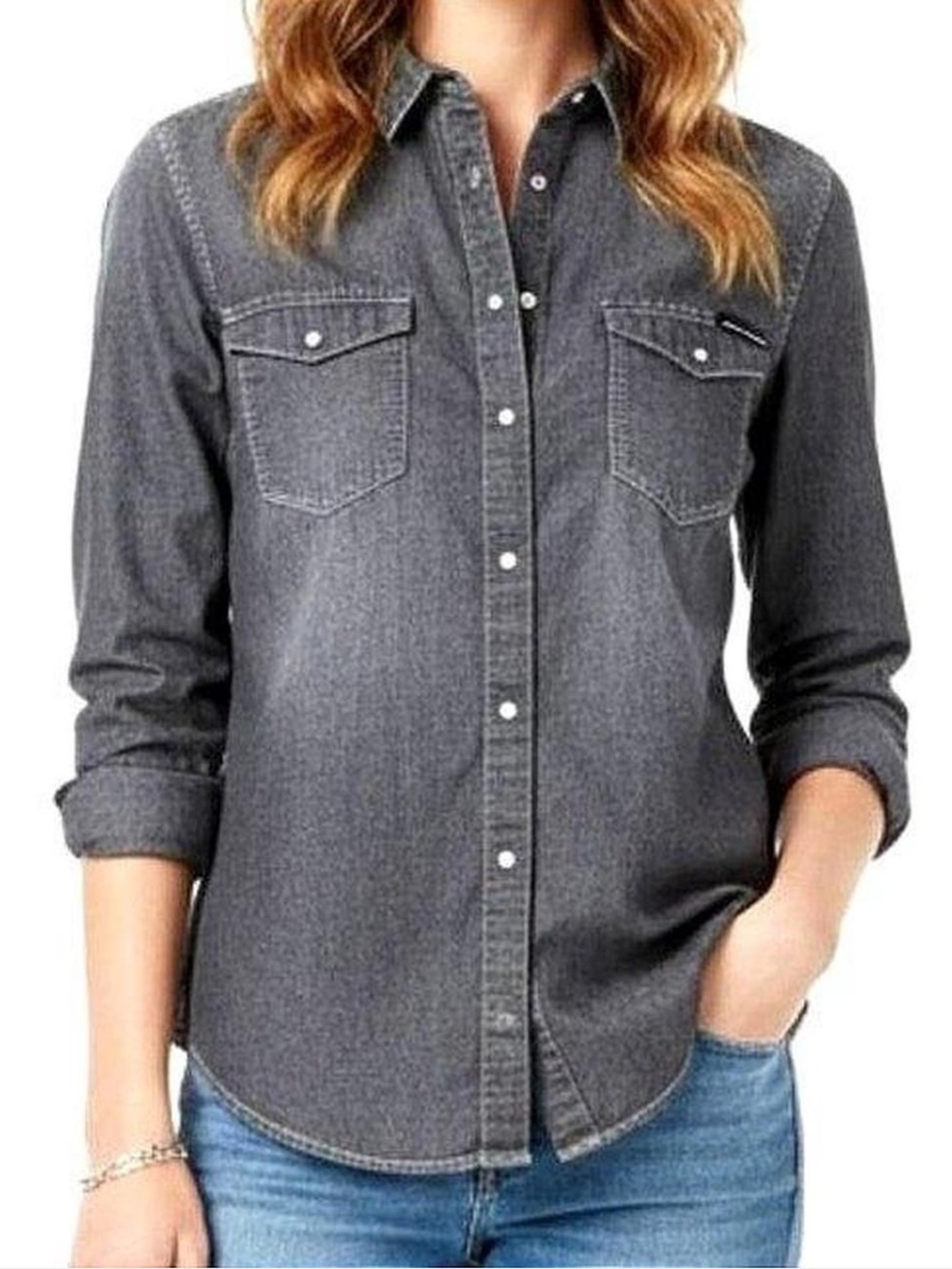 Calvin Klein | Women’s Charcoal Grey Pearl Snap Button-Down Long Sleeve Shirt XL